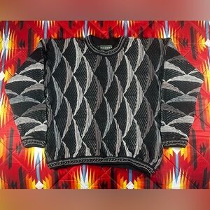 Tundra 3D Knit Sweater Chunky Coogi Style Vintage Size Med Black Geometric CA